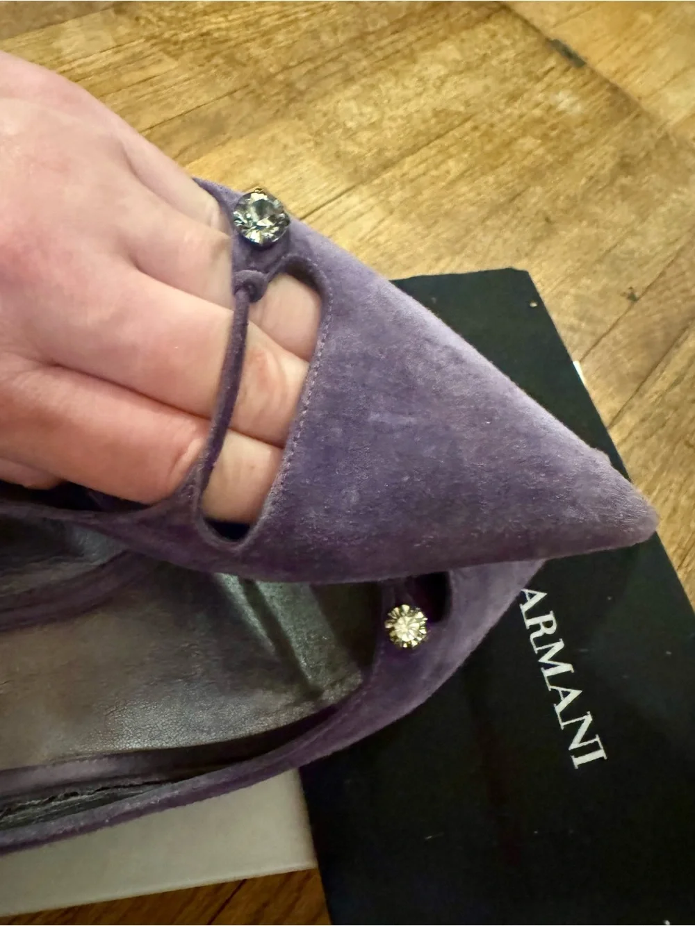 Giorgio Armani Deep Purple Suede Pointed-Toe Flats with Crystal Accent - 39.5